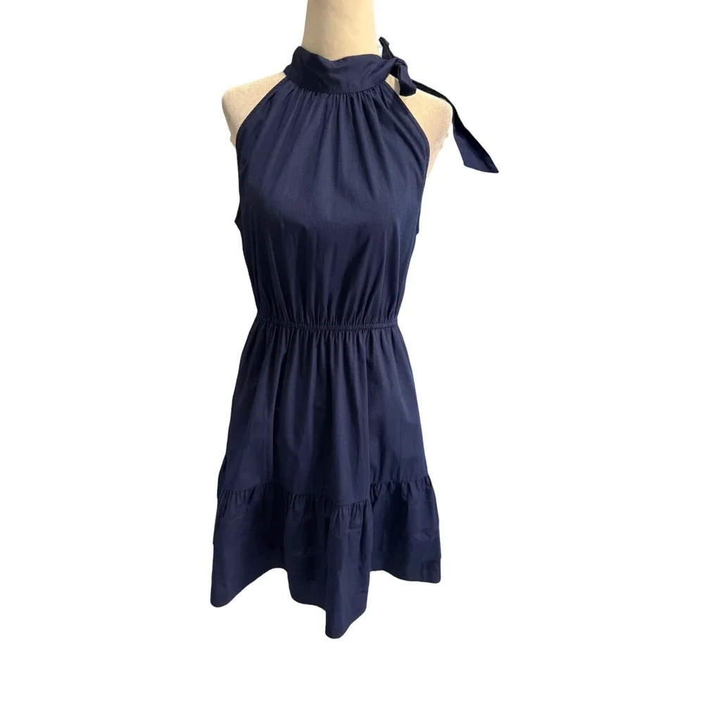 J.Crew Navy Blue Halter Tie Neck Tiered Ruffle Mini Dress CA447 Womens 4 NEW